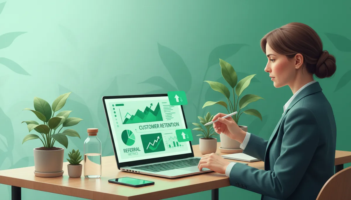 A business owner reviewing customer retention and referral metrics on a laptop dashboard, with the dashboard elements and overall workspace incorporating green hues to represent growth and sustainability. Green plants or eco-friendly touches can be present in the surroundings to reinforce the green theme. A business owner reviewing customer retention and referral metrics on a laptop dashboard, with the dashboard elements and overall workspace incorporating green hues to represent growth and sustainability. Green plants or eco-friendly touches can be present in the surroundings to reinforce the green theme.