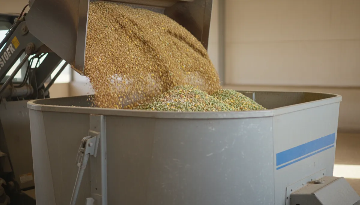 Corn screenings being added to a cattle total mixed ration in a mixer wagon