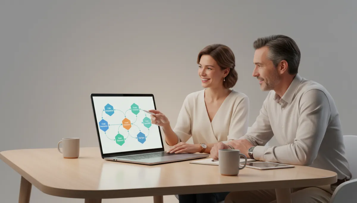 professional neutral-tone photo of a freelancer showing an automation workflow on a laptop screen to a small business owner across the table, both discussing and smiling