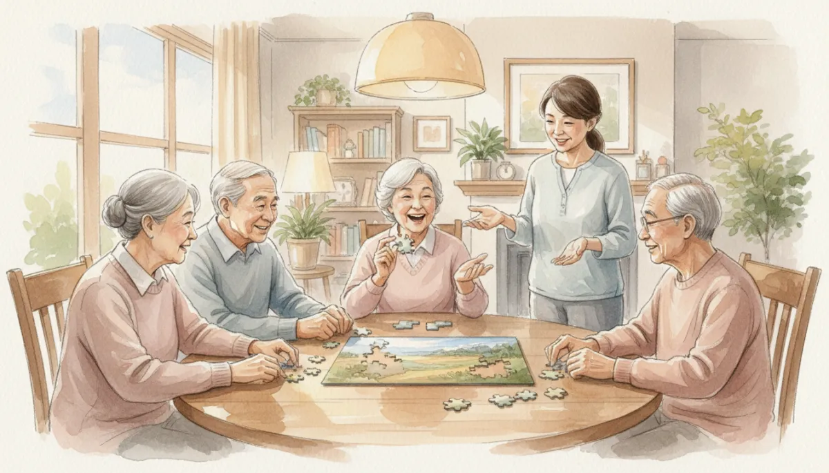 Seniors and caregiver doing a puzzle and talking together