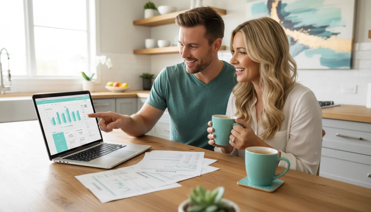 Photorealistic couple reviewing home insurance options at their kitchen table