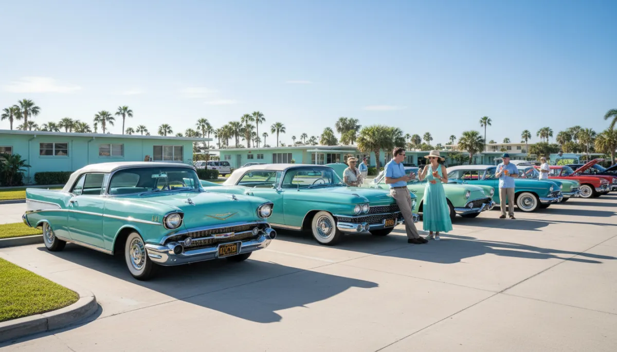 Photorealistic row of classic cars in aqua tones at a sunny car meet