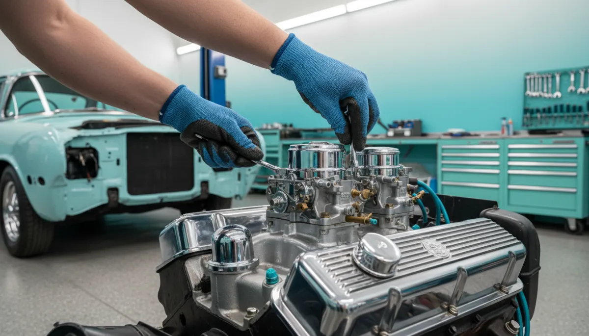 Photorealistic mechanic restoring a vintage car engine in an aqua-accented garage