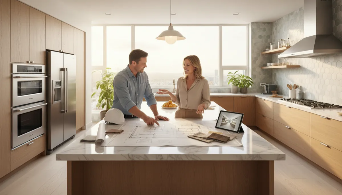 Hyper-realistic lifestyle photograph of a contractor and a homeowner reviewing renovation plans at a large, luxurious kitchen island. The kitchen is bright, modern, with stainless appliances and sunlight streaming through large windows, conveying a sense of upscale, aspirational living.