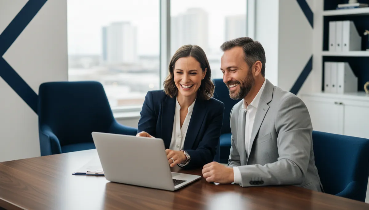 Ultra-realistic, premium photograph of a friendly insurance agent and client in a modern, stylish office in Warner Robins. The environment features navy and white color accents and a polished wood desk. Both agent and client are well-groomed, smiling, and collaborating over a laptop, capturing a luxury business lifestyle.