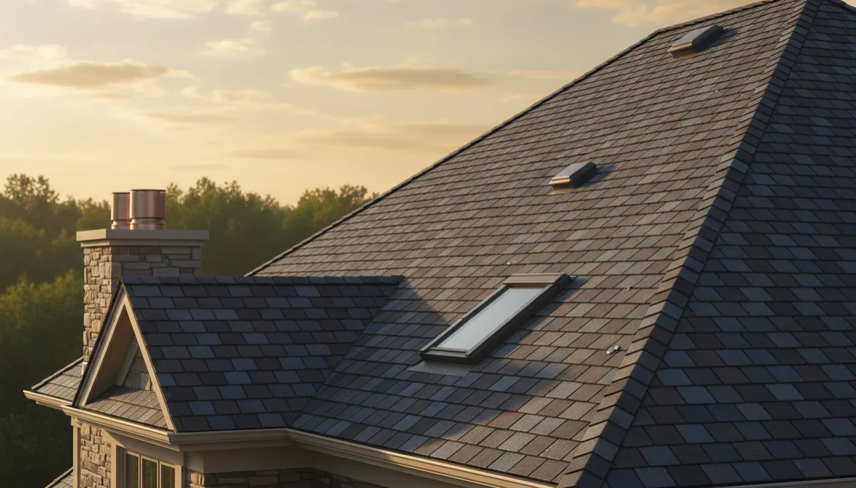 Hyper-realistic, detailed close-up photograph of a high-end architectural shingle roof on a well-maintained luxury home. The image should be taken in soft afternoon light and showcase the quality of the materials and craftsmanship, reflecting a premium real estate aesthetic.