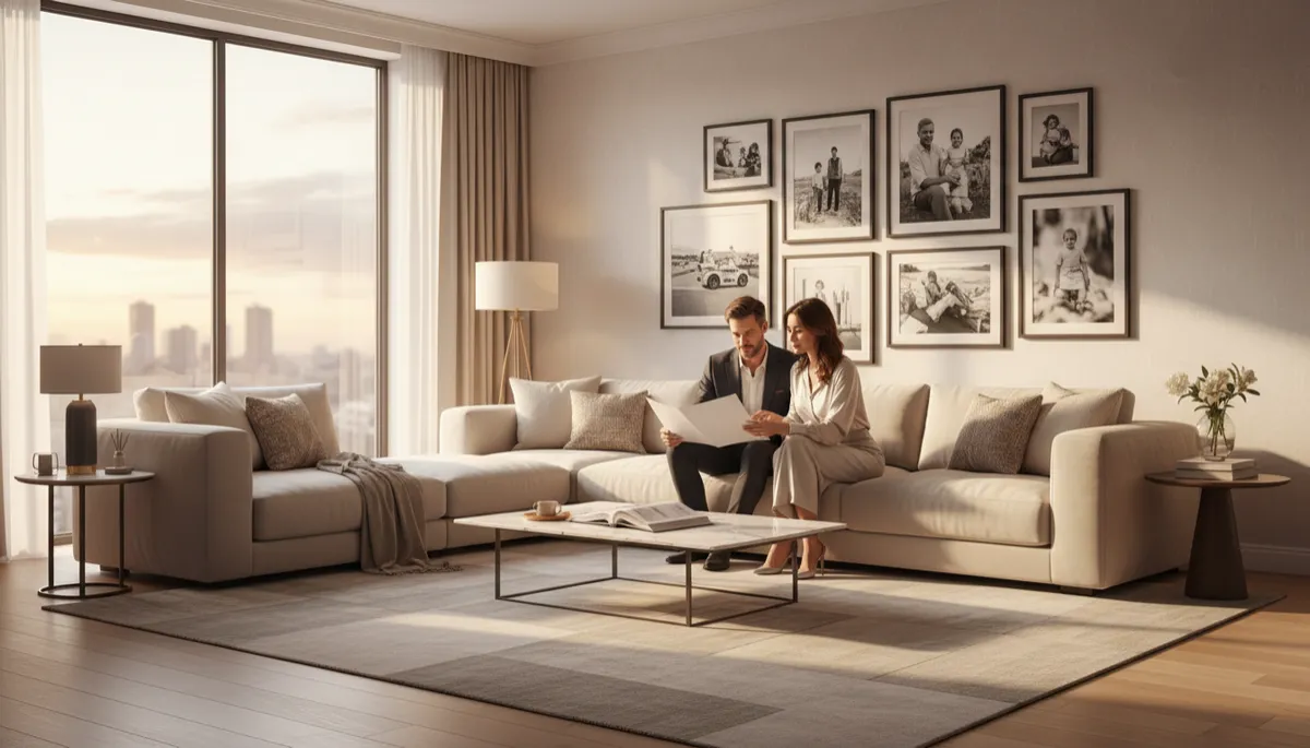 Hyper-realistic photo of a comfortable, elegant living room with neutral luxury decor, a plush sofa, framed family photos, and large windows. A well-dressed couple sits together reviewing documents on a sleek coffee table, with warm golden evening light filling the space. The image should evoke luxury, comfort, and modern family life.