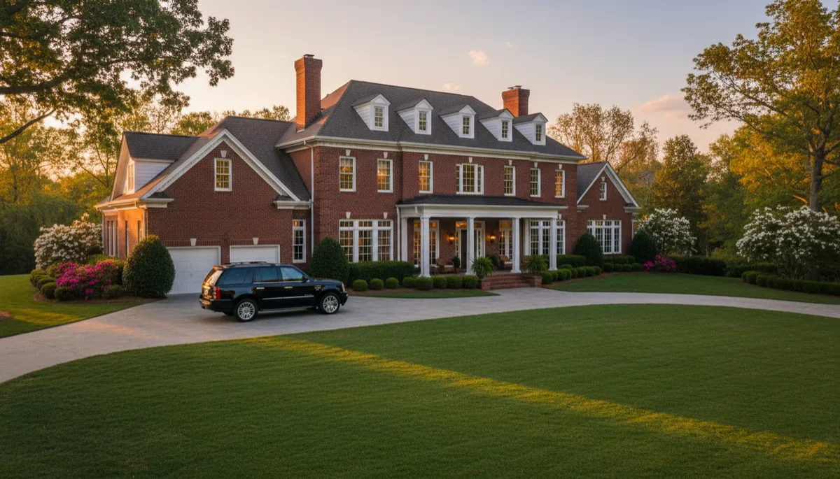 Ultra high-resolution, hyper-realistic photograph of an elegant Southern-style brick home in Warner Robins at golden hour. The scene features a manicured lawn, warm lights glowing from large windows, and a late-model luxury SUV in the driveway. The photo should exude a luxury lifestyle and be crisp, clean, and magazine-worthy.
