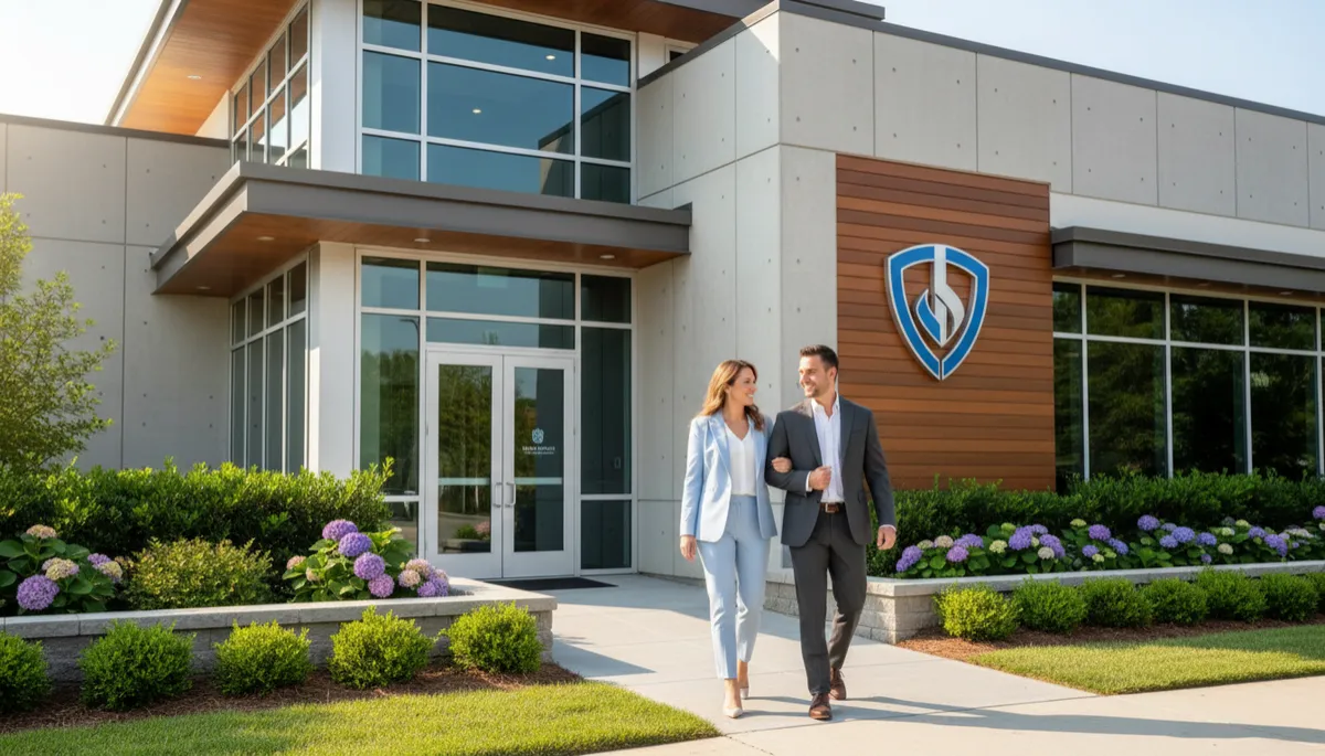 Hyper-realistic photograph of the exterior of a professional, welcoming insurance office in Warner Robins. The building features clean, modern signage and immaculate landscaping. A stylish couple is walking toward the entrance on a bright, sunny day, capturing a sense of trust, luxury, and approachability.