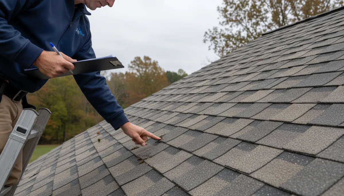 Inspector checking a shingle roof before storm season
