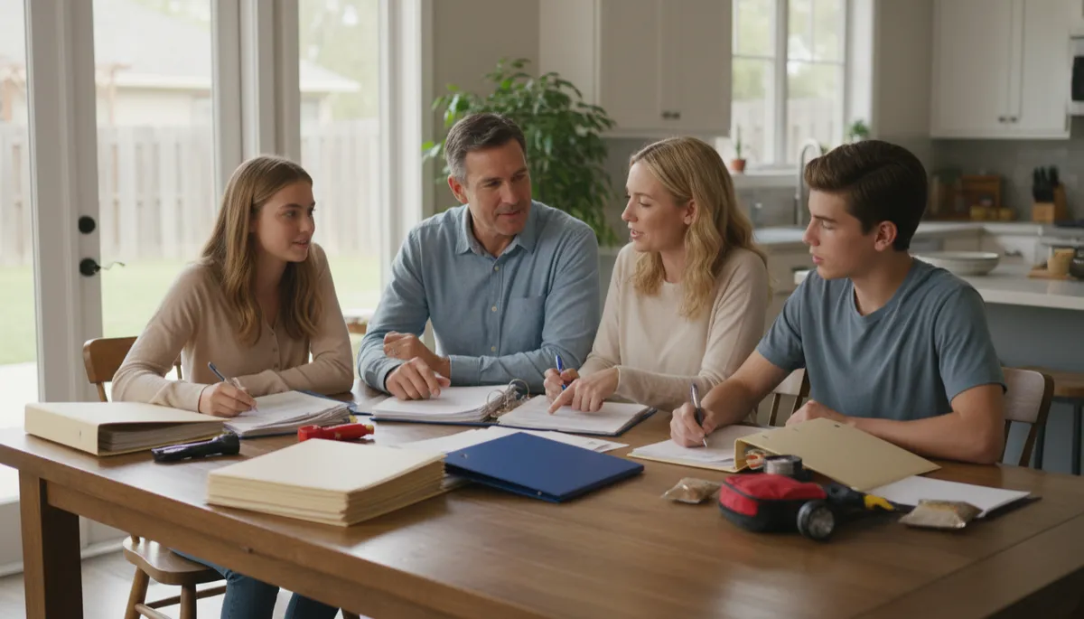 Family organizing insurance documents and emergency supplies