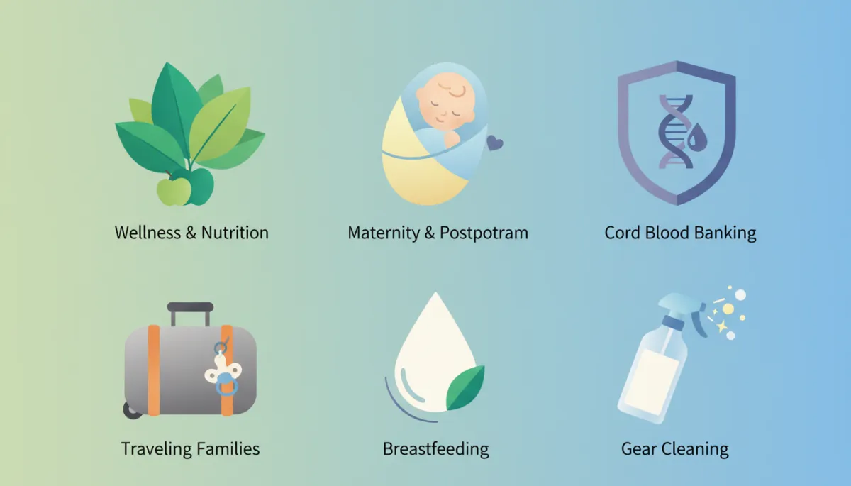 A friendly, modern icon set representing each resource category: a leafy plant for Wellness & Nutrition, a swaddled baby for Maternity & Postpartum, a shield for Cord Blood Banking, a suitcase with a pacifier for Traveling Families, a milk droplet for Breastfeeding, and a sparkling bottle for Gear Cleaning.