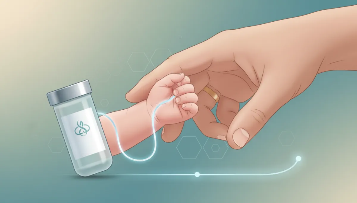 A reassuring image of cord blood banking—such as a newborn's tiny hand being gently held by a parent—evoking security and future planning.