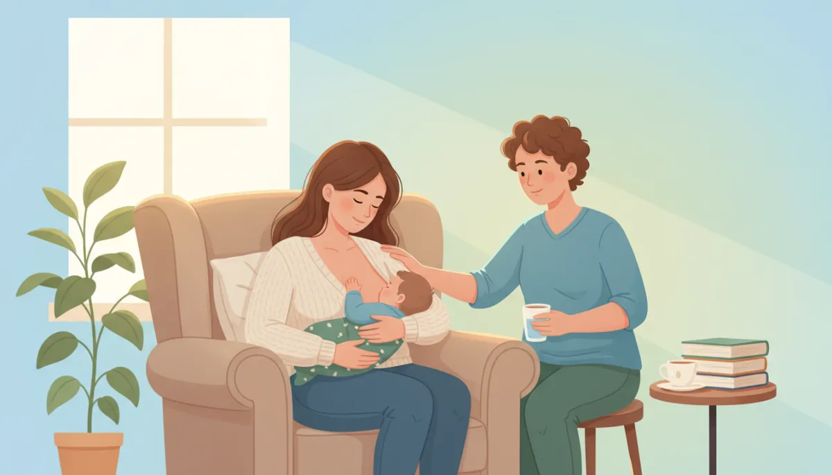 A nurturing image of a mom breastfeeding or bottle feeding in a comfortable chair, with a doula or partner by her side, for the breastfeeding support section.