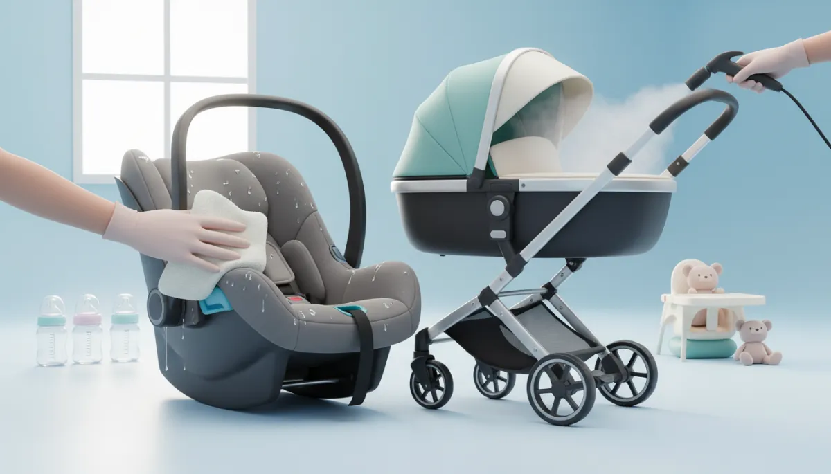 An image of baby gear (car seat, stroller, etc.) being professionally cleaned or sparkling clean, to illustrate the Baby Gear Cleaning & Sanitization section.