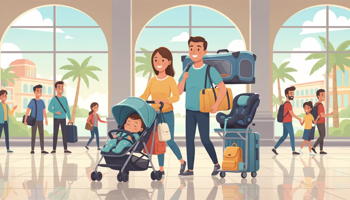 A cheerful, family-travel themed image with parents and a baby at an airport or vacation destination, showing rented baby gear in use (crib, stroller, car seat, etc.).
