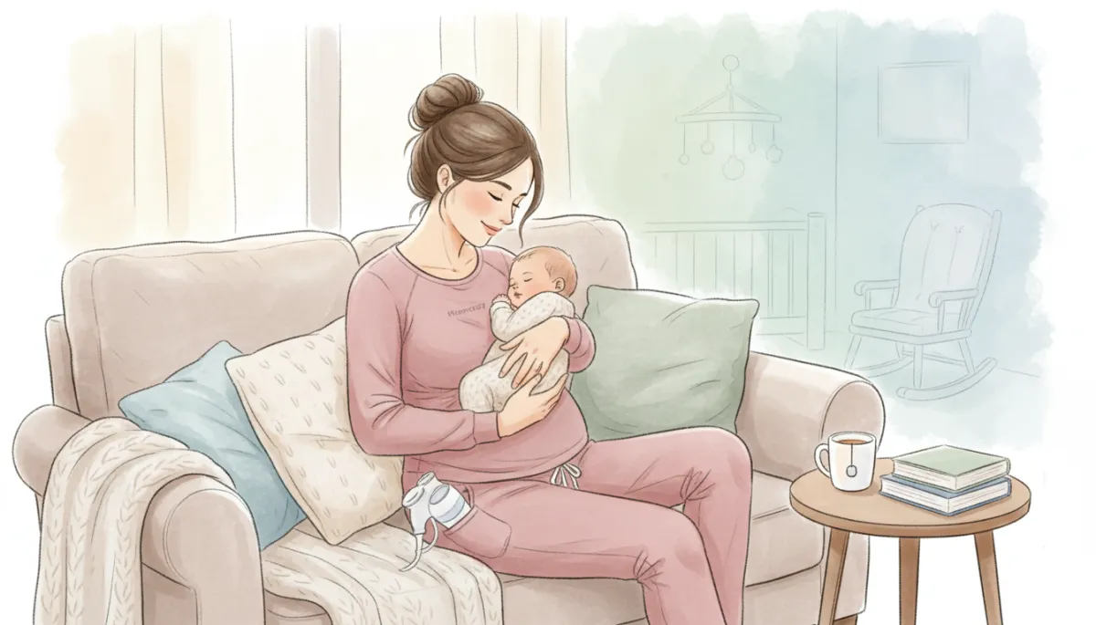 A cozy scene of a mother in maternity loungewear cuddling her newborn, representing the Kindred Bravely and Momcozy product recommendations.