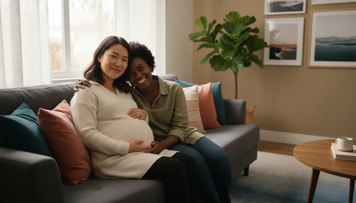 A soft, welcoming hero image at the top of the page showing an expecting mother smiling and being comforted by a doula in a cozy, home-like setting. The colors should feel warm and calming, with gentle natural light.