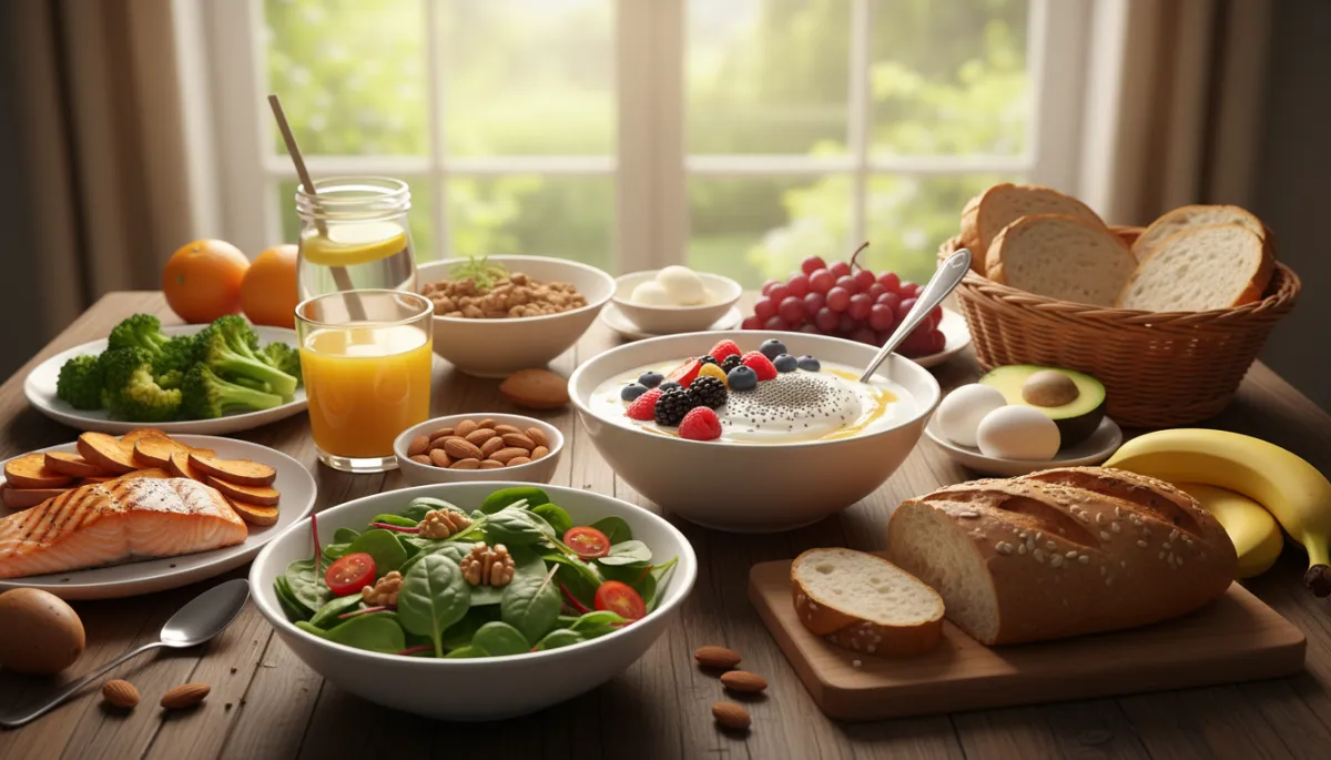 Overhead view of a bright wooden table set with pregnancy-safe tapas-style small plates, including hummus with vegetable sticks, whole grain crackers with soft pasteurized cheese, hard-boiled eggs, sliced avocado, fresh berries, nuts, and herbal tea in a mug, no coffee, alcohol, sushi, or cured meats visible