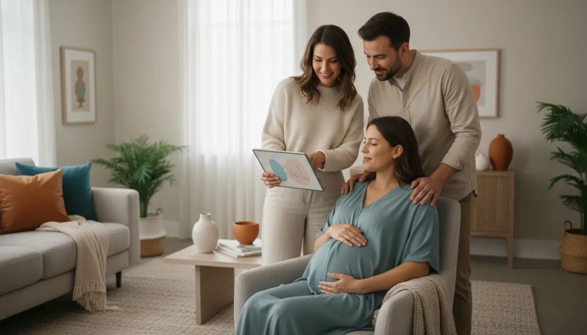Modern clean neutral-toned scene of doula and expectant parents reviewing a birth plan
