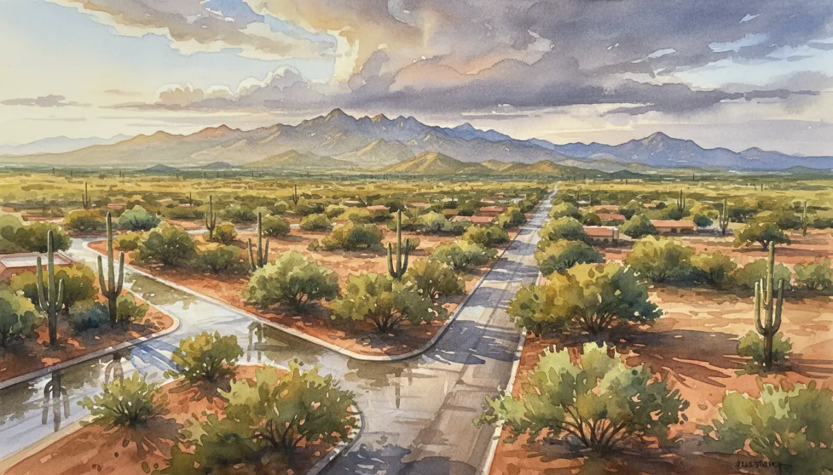 Aerial view of a Tucson neighborhood after a monsoon storm with wet streets and desert landscape in a professional neutral style Aerial view of a Tucson neighborhood after a monsoon storm with wet streets and desert landscape in a professional neutral style