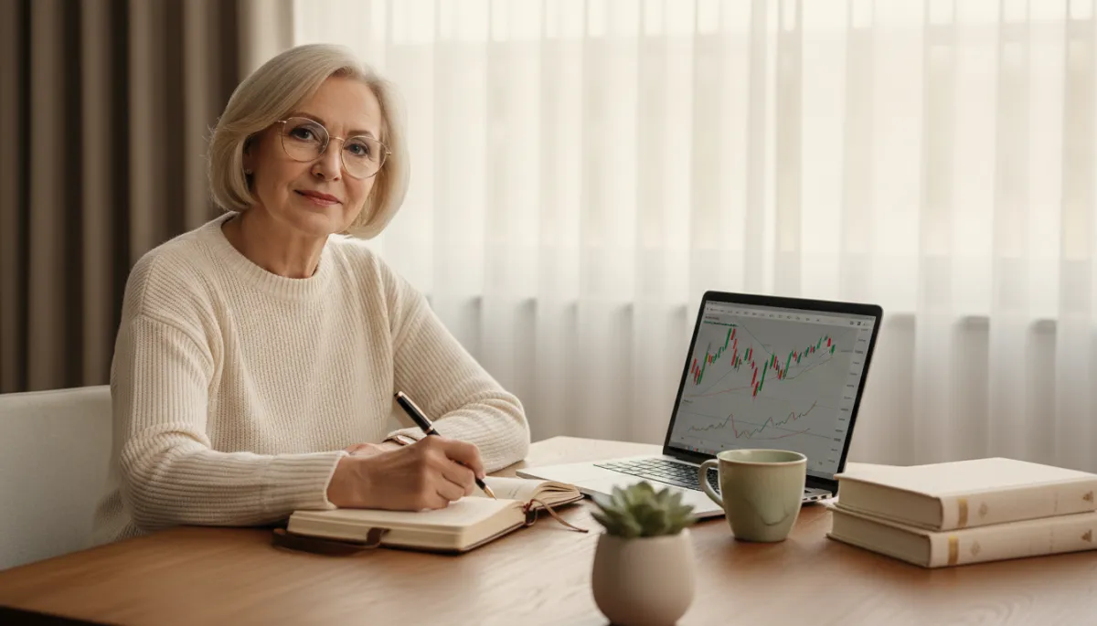 Senior woman journaling her trading mindset next to a laptop with charts