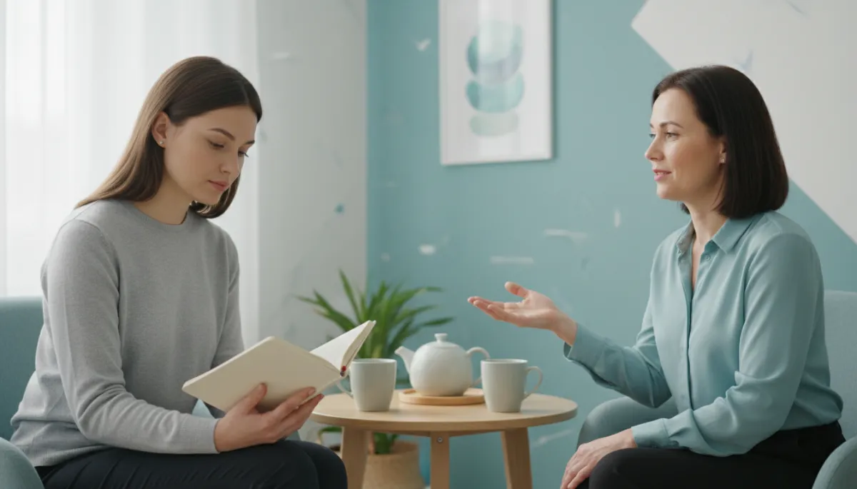 Client and therapist working together in a modern clean, fresh aqua counseling space