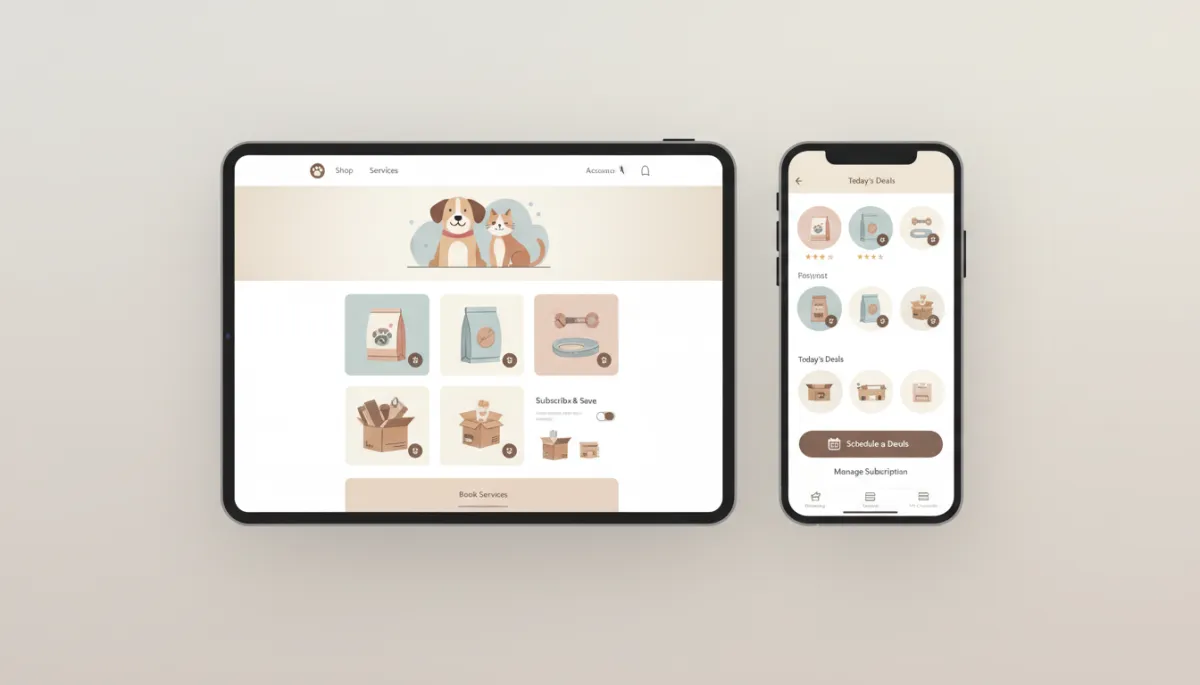 Pet e-commerce and service booking interface on laptop and smartphone