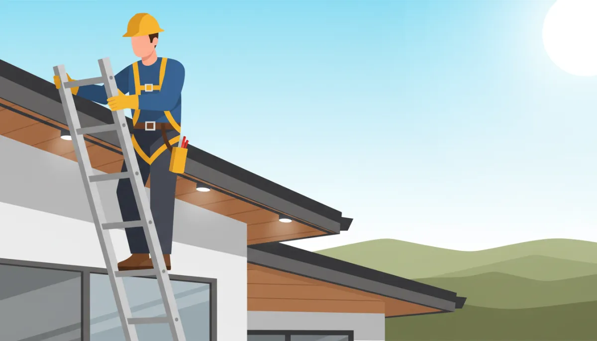 Technician installing permanent roofline lighting on a Wenatchee home Technician installing permanent roofline lighting on a Wenatchee home