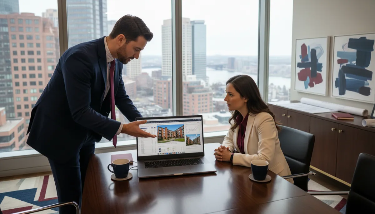 Real estate investor meeting with broker to review multifamily investment analysis