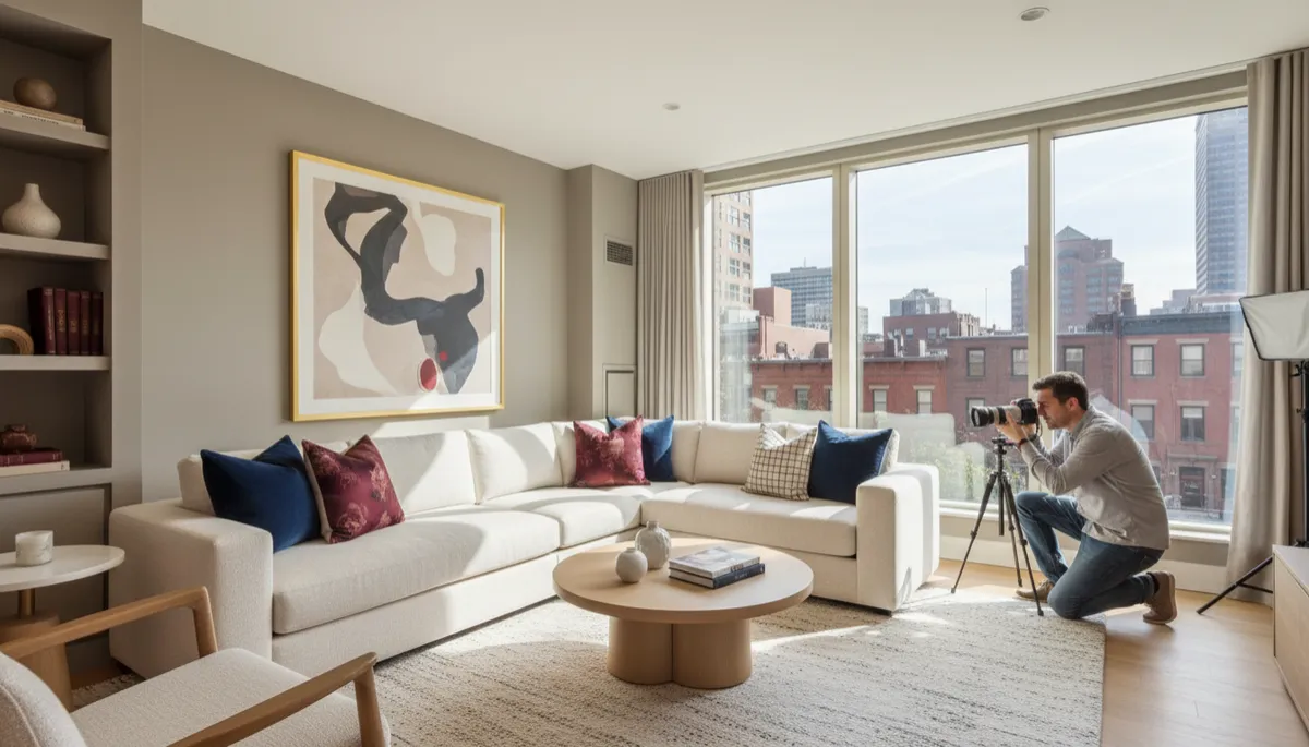 Professionally staged Boston condo living room with navy and burgundy accents