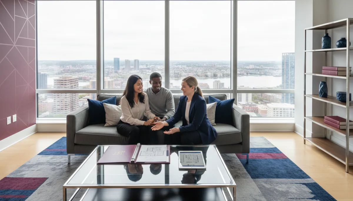 photorealistic scene of a young diverse couple meeting with a real estate agent at a modern Boston condo with large windows, subtle navy and burgundy accents in décor and agent’s materials, city skyline in background