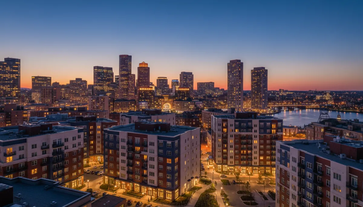 photorealistic aerial evening view of Boston multifamily apartment buildings with warm interior lights, subtle navy and burgundy color accents in building details and sky gradient, modern city skyline in background