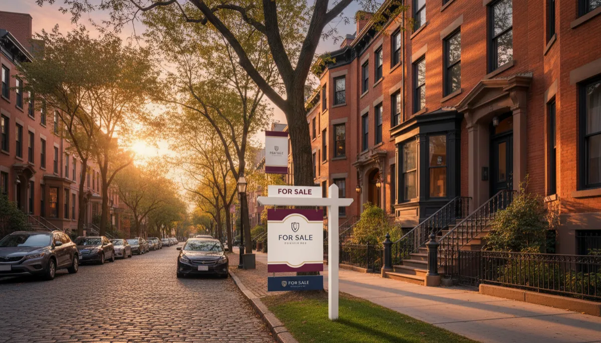 photorealistic wide shot of a classic Boston brownstone-lined street at golden hour, tasteful for-sale sign in front of a renovated home, subtle navy and burgundy accents on the sign and agent branding, clean and upscale residential feel