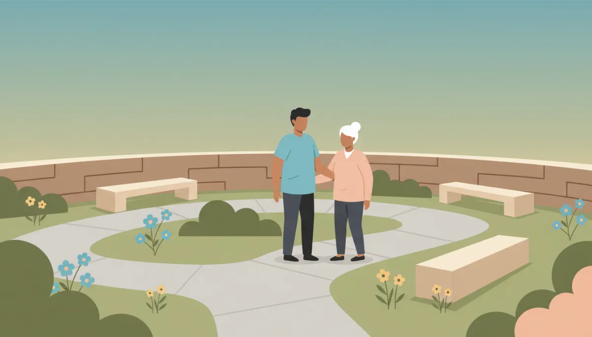 Secure memory care courtyard with staff supporting a resident Secure memory care courtyard with staff supporting a resident