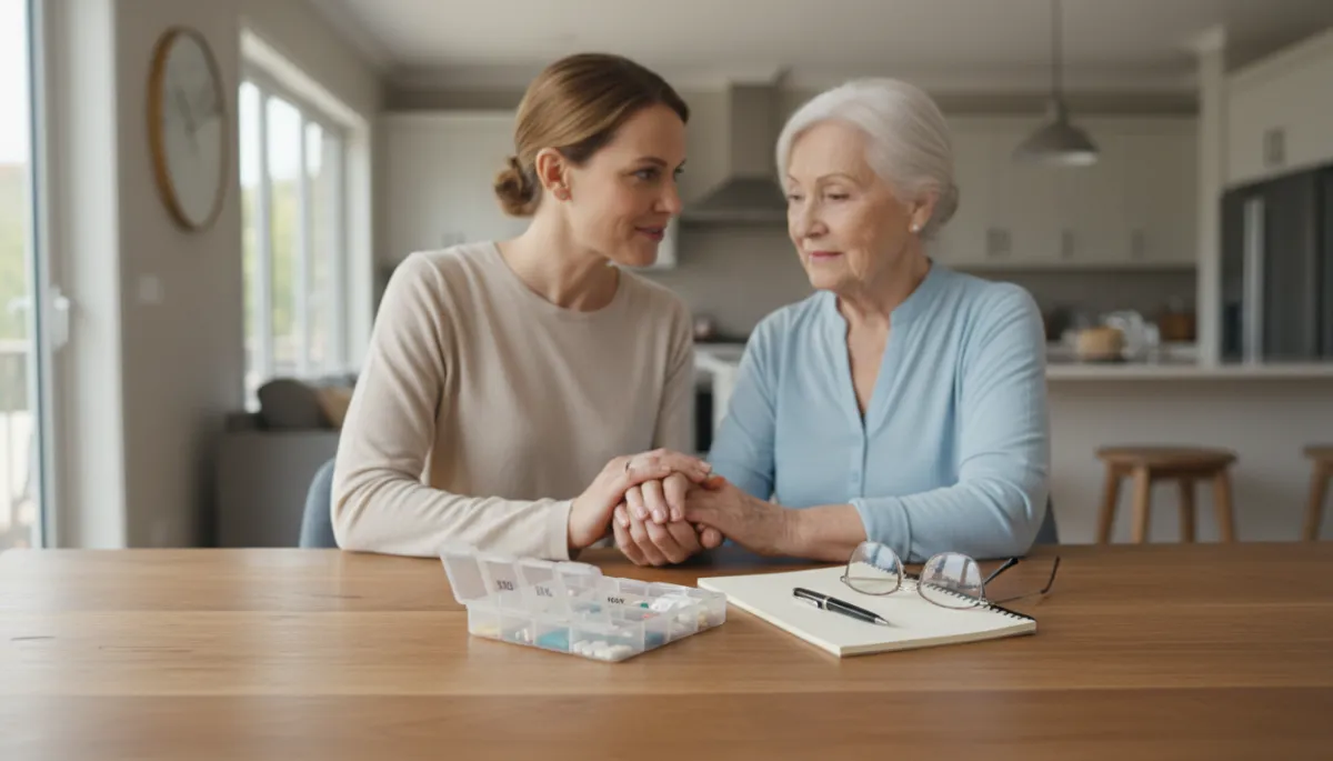 Adult child helping an older parent organize medications Adult child helping an older parent organize medications