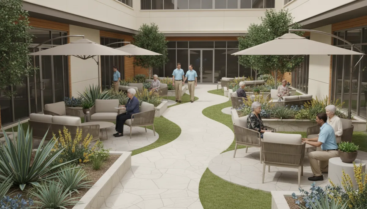 Secure memory care courtyard in a Dallas-Fort Worth senior living community Secure memory care courtyard in a Dallas-Fort Worth senior living community