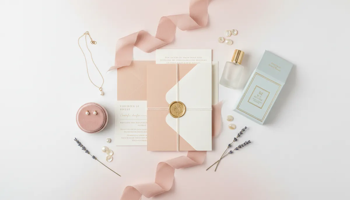 Soft pastel luxury wedding detail flat-lay with modern clean styling