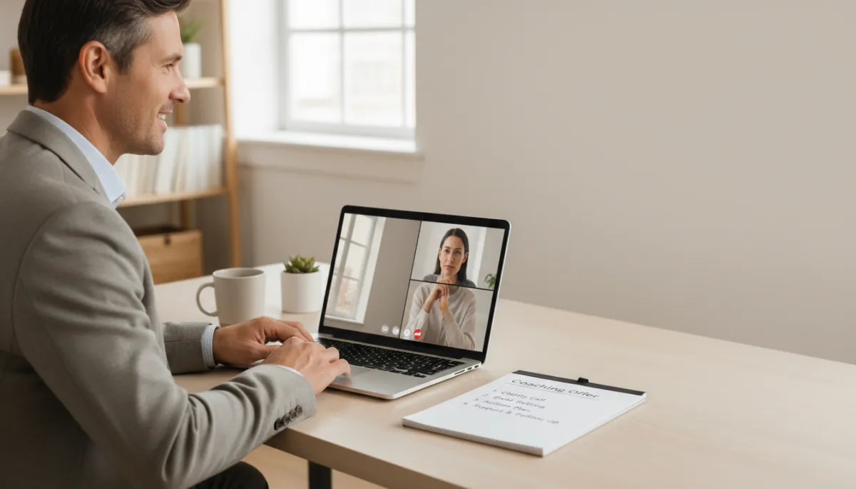 Coach on a focused video call with a prospective coaching client