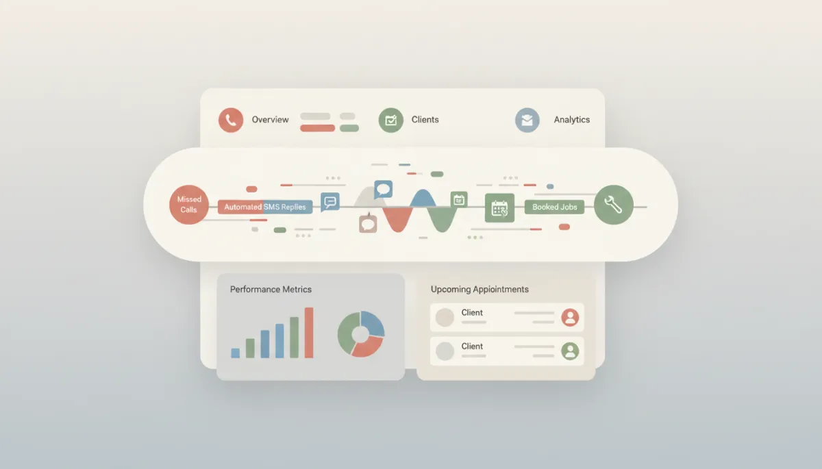 professional neutral-colour dashboard view of an AI CRM showing a timeline of missed calls, automated SMS replies, and booked jobs for a home service business