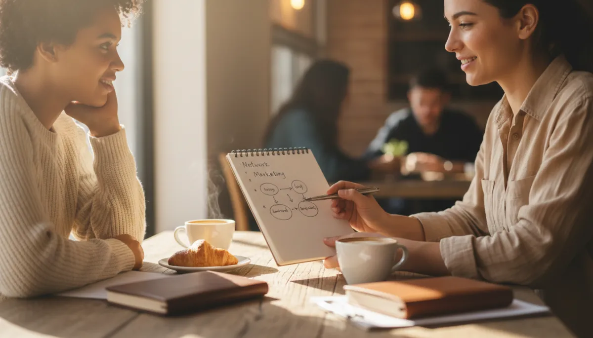 Two people discussing network marketing plans at a warm-toned cafe table