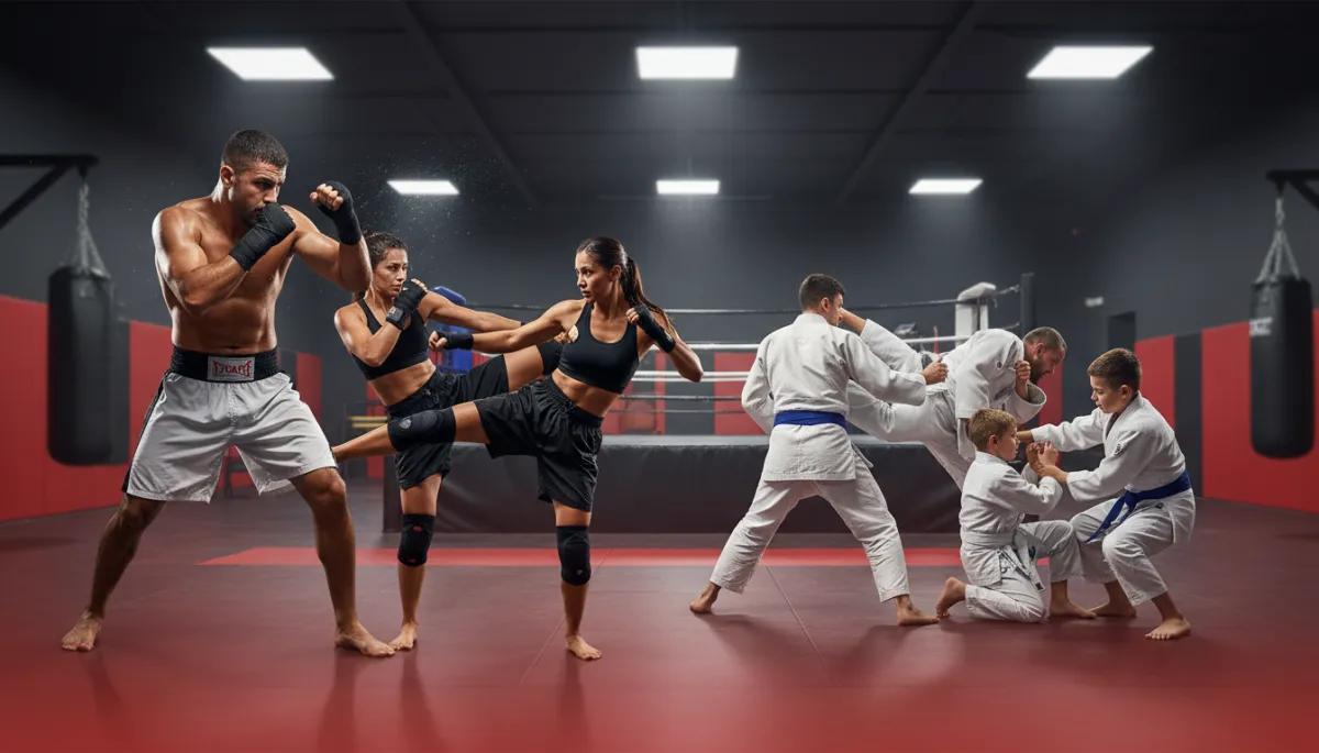 Diverse group training in a modern boxing and martial arts gym
