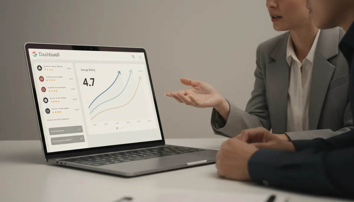 Dashboard displaying automated review workflows and rising reputation metrics Dashboard displaying automated review workflows and rising reputation metrics