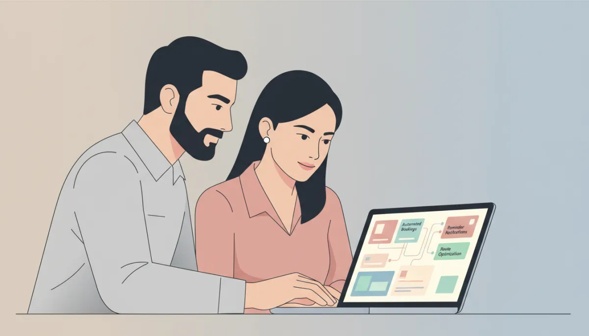 Technician and office manager reviewing AI-automated schedule