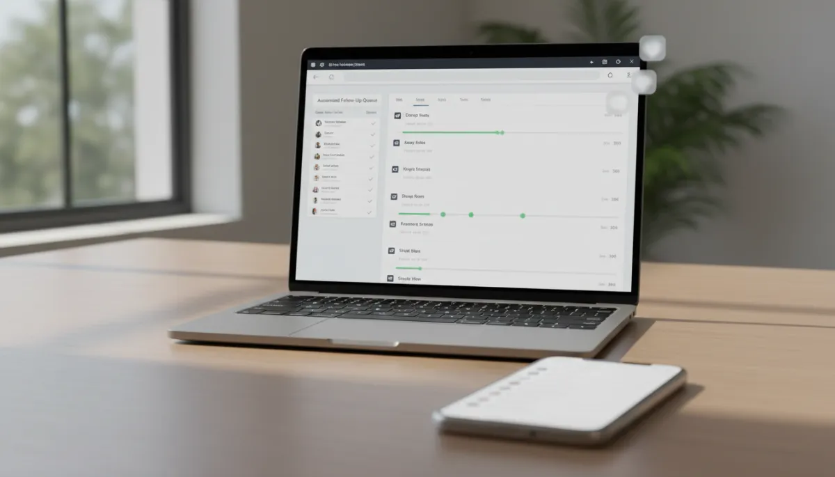 Automated SMS and email follow up messages queued on phone and laptop in modern office