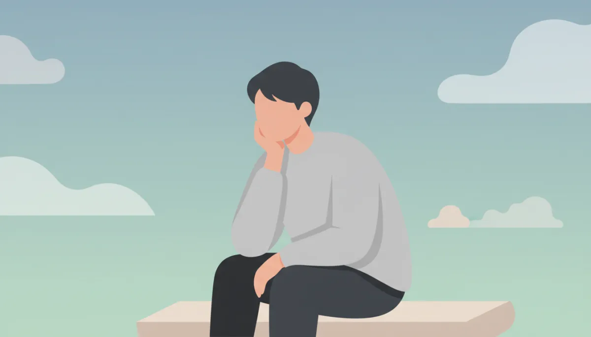 A thoughtful person sitting with their hand on their chin, looking pensive, in a calm and minimalistic setting.