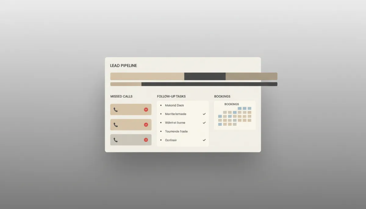 Professional dashboard visualizing leads, missed calls, and appointments in a neutral color scheme