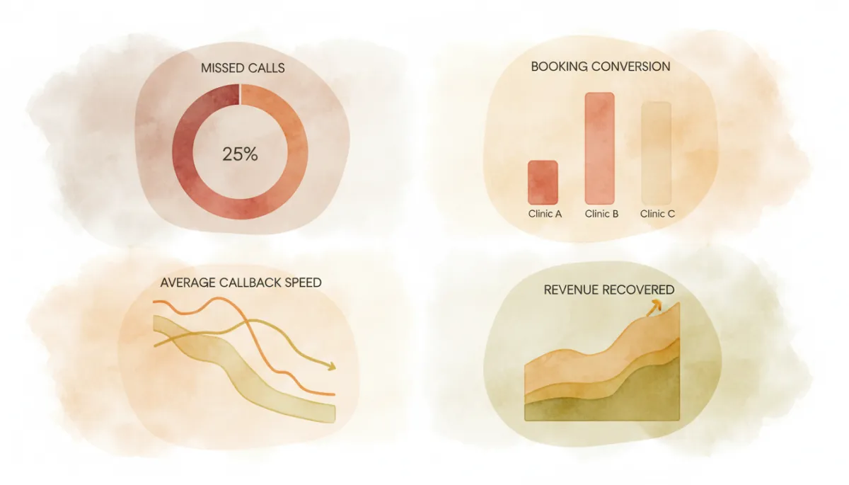 Analytics dashboard comparing missed call recovery metrics across multiple locations