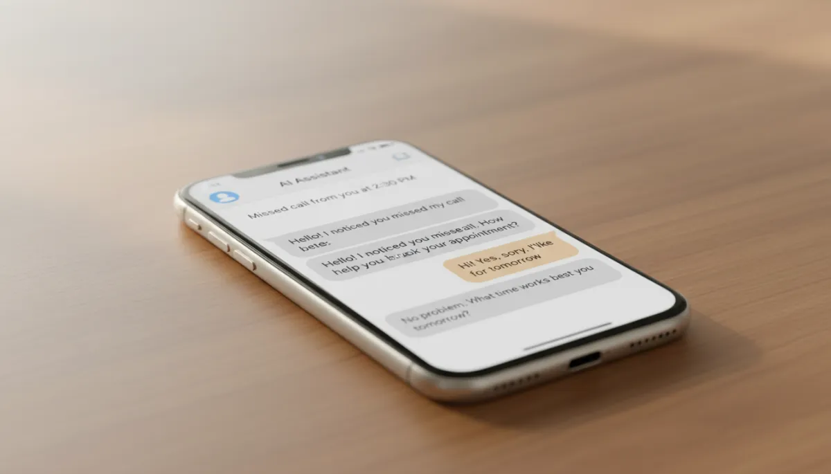 Smartphone showing AI text follow-up helping a customer book an appointment