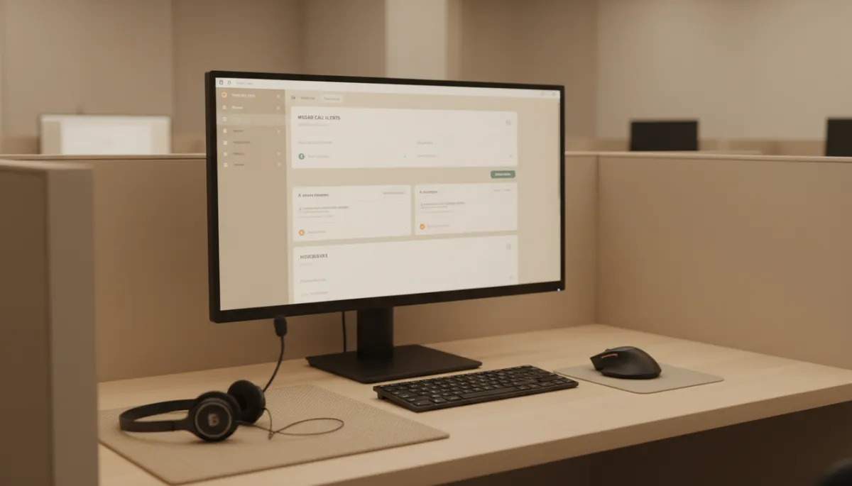 Desk with headset and computer screen displaying missed call alerts and AI follow-up messages